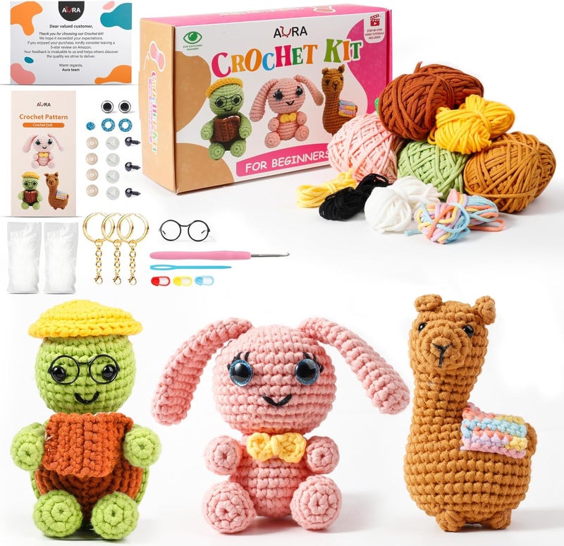 AURA Learn to Crochet Kit for Beginners Kids and Adults, Premium 3 Animal Pattern Large Size Beginner Crochet Kits with Easy Tube Yarn & Step-by-Step Video Tutorials (Safari Friends–Larger Plushies) - Image 1